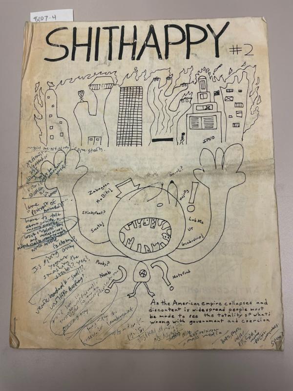 Photograph of archival item from Cometbus Punk and Underground Press Collection, Box 4 (Box 8107, Folder shithappy_c1991_1994_4_27).