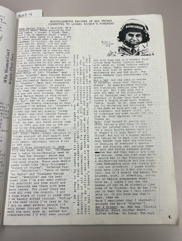 Photograph of archival item from Cometbus Punk and Underground Press Collection, Box 4 (Box 8107, Folder shithappy_c1991_1994_4_27).