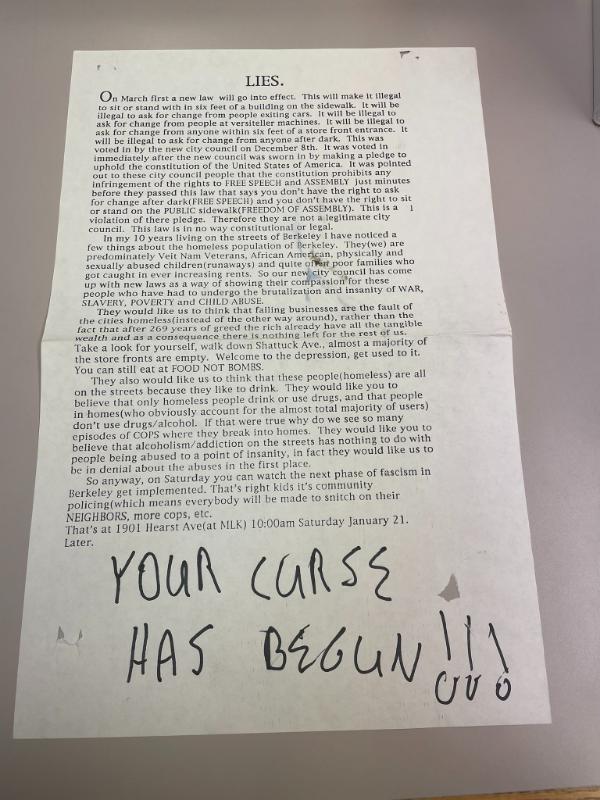 Photograph of archival item from Cometbus Punk and Underground Press Collection, Box 4 (Box 8107, Folder crackpot_flyers_c1977_1992_4_84).